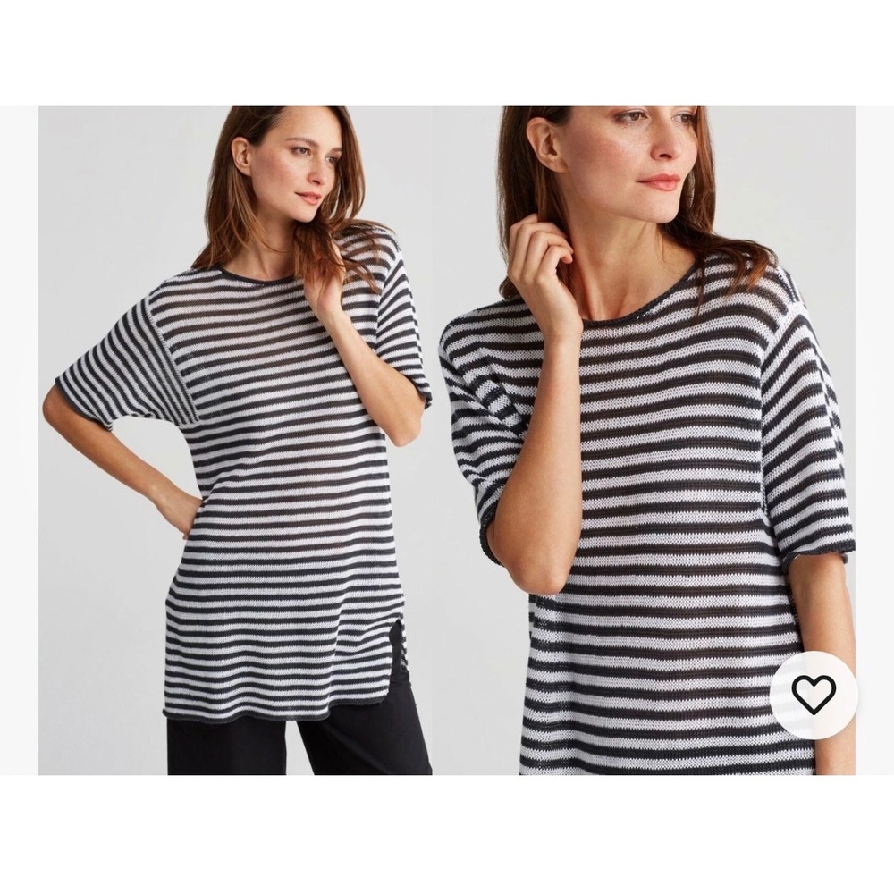 Eileen Fisher Womens XS Organic Linen Striped Short Sleeve Open Knit Sweater